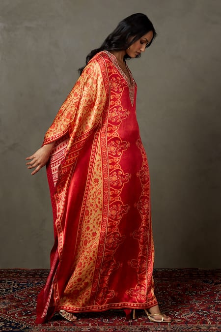 Buy RI.Ritu Kumar Red Silk Printed Geometric V Neck Villa Embroidered Kaftan Online at Aza Fashions Buy_RI.Ritu Kumar_Red Silk Printed Geometric V Neck Villa Embroidered Kaftan _Online_at_Aza_Fashions