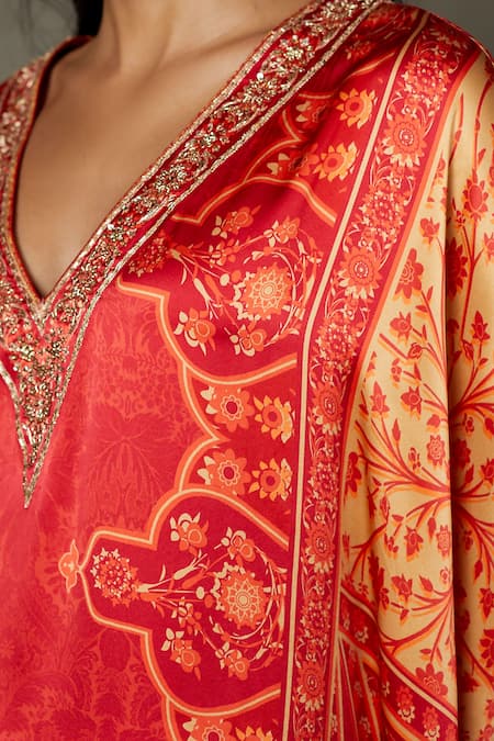 Shop RI.Ritu Kumar Red Silk Printed Geometric V Neck Villa Embroidered Kaftan Online at Aza Fashions Shop_RI.Ritu Kumar_Red Silk Printed Geometric V Neck Villa Embroidered Kaftan _Online_at_Aza_Fashions