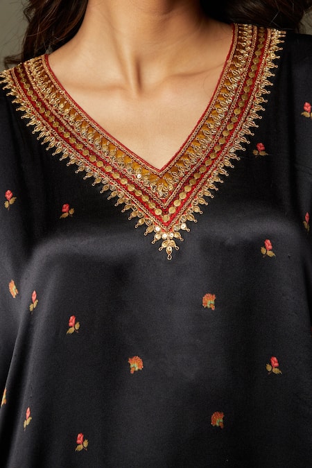 Shop_RI.Ritu Kumar_Black Silk Satin And Embroidery Floral V Neck Wild Flower Kaftan _Online_at_Aza_Fashions