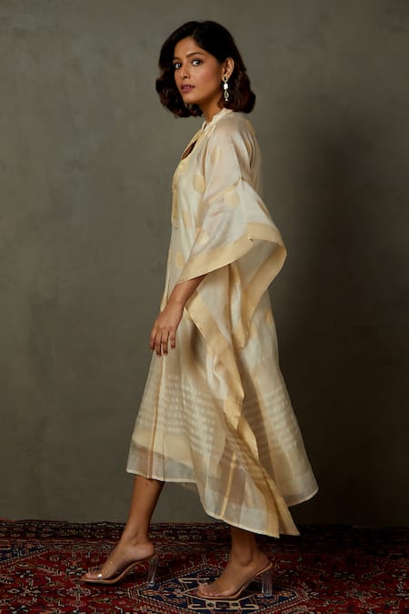RI.Ritu Kumar_Off White Silk Embroidery Bandeau Neck Minar Polka Dot Woven Kaftan _Online_at_Aza_Fashions