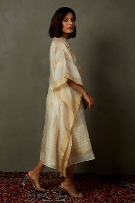 Buy_RI.Ritu Kumar_Off White Silk Embroidery Bandeau Neck Minar Polka Dot Woven Kaftan _Online_at_Aza_Fashions