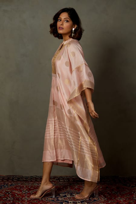 RI.Ritu Kumar_Peach Silk Woven Polka Dot Band Collar Minar Kaftan _Online_at_Aza_Fashions