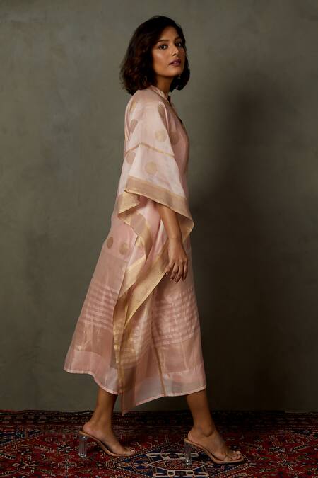 Buy_RI.Ritu Kumar_Peach Silk Woven Polka Dot Band Collar Minar Kaftan _Online_at_Aza_Fashions