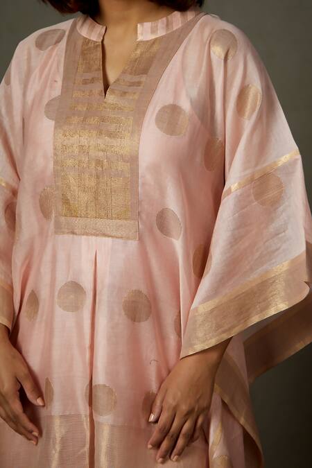 Shop_RI.Ritu Kumar_Peach Silk Woven Polka Dot Band Collar Minar Kaftan _Online_at_Aza_Fashions
