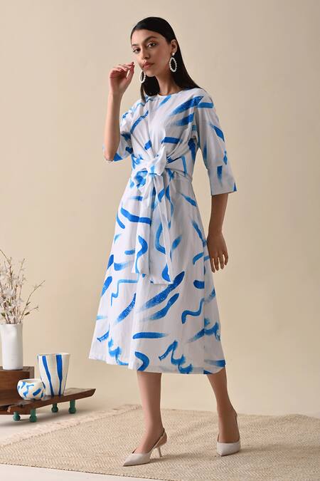 Buy_Kanelle_Ivory Cotton Round Neck Claire Stroke Print Dress_Online_at_Aza_Fashions