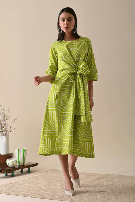 Kanelle_Green Cotton Round Neck Claire Striped Print Dress_Online_at_Aza_Fashions