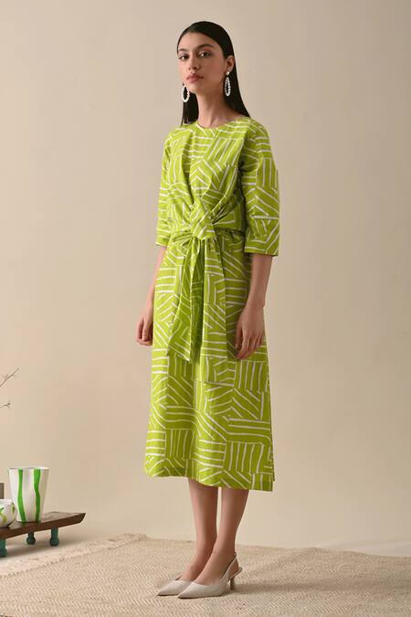 Buy_Kanelle_Green Cotton Round Neck Claire Striped Print Dress_Online_at_Aza_Fashions