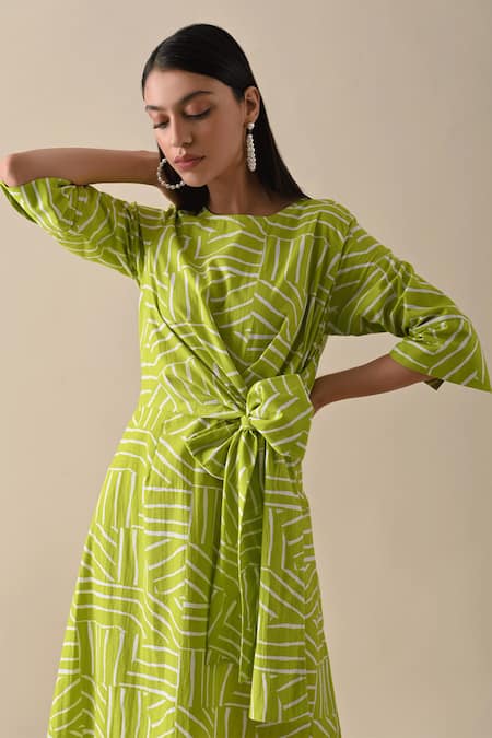 Shop_Kanelle_Green Cotton Round Neck Claire Striped Print Dress_Online_at_Aza_Fashions