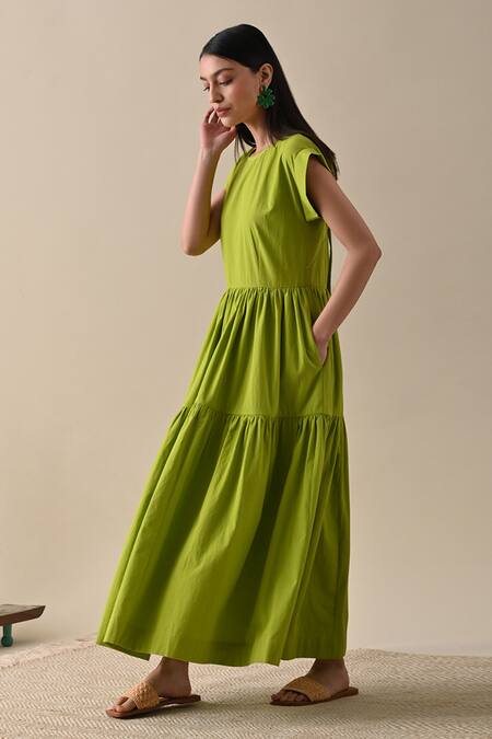 Buy_Kanelle_Green Cotton Round Neck Vivian Solid Two-tiered Maxi Dress_Online_at_Aza_Fashions