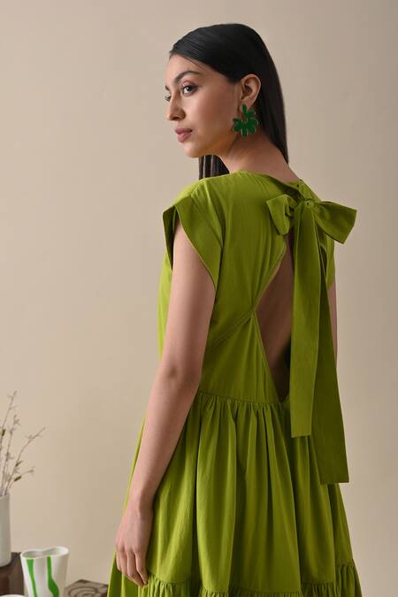 Shop_Kanelle_Green Cotton Round Neck Vivian Solid Two-tiered Maxi Dress_Online_at_Aza_Fashions