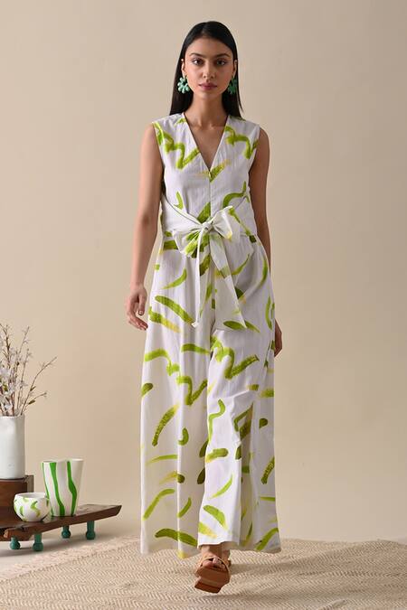 Kanelle_Ivory Cotton V-neck Nova Stroke Print Jumpsuit_Online_at_Aza_Fashions