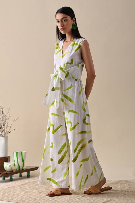 Buy_Kanelle_Ivory Cotton V-neck Nova Stroke Print Jumpsuit_Online_at_Aza_Fashions