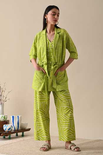 Kanelle_Green Cotton Collared River Stripe Print Jacket Trouser Set_Online_at_Aza_Fashions