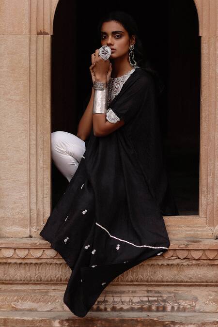 Buy Avacara Black Kaftan Silk Embroidered Marodi Round Work With Pant Online at Aza Fashions Buy_Avacara_Black Kaftan Silk Embroidered Marodi Round Work With Pant _Online_at_Aza_Fashions
