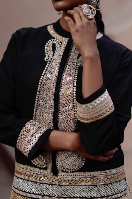 Avacara Black Handloom Cotton Embroidery, Gota Raw Silk Embellished Jacket With Sharara Online at Aza Fashions Avacara_Black Handloom Cotton Embroidery, Gota Raw Silk Embellished Jacket With Sharara _Online_at_Aza_Fashions