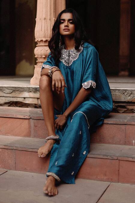 Avacara Blue Kaftan Silk Embroidered Marodi Round Bodice Online at Aza Fashions Avacara_Blue Kaftan Silk Embroidered Marodi Round Bodice _Online_at_Aza_Fashions