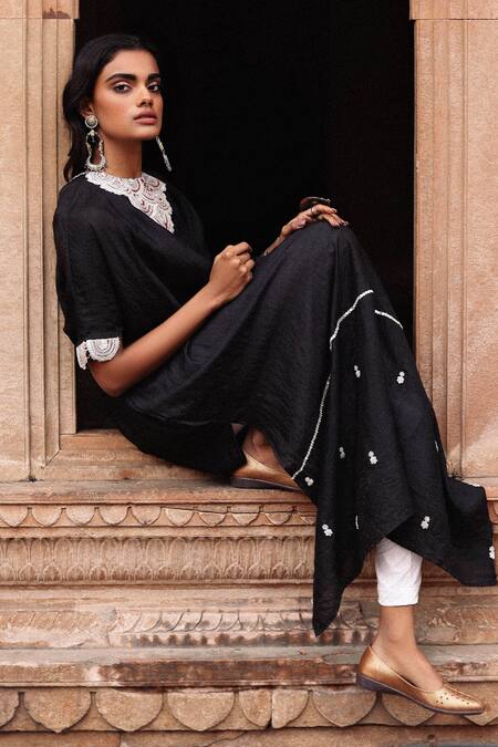 Shop Avacara Black Kaftan Silk Embroidered Marodi Round Work With Pant Online at Aza Fashions Shop_Avacara_Black Kaftan Silk Embroidered Marodi Round Work With Pant _Online_at_Aza_Fashions
