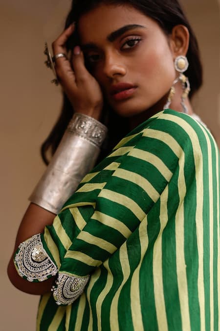 Avacara Green Kaftan Silk Embroidered Marodi Striped Pattern And Pant Set Online at Aza Fashions Avacara_Green Kaftan Silk Embroidered Marodi Striped Pattern And Pant Set _Online_at_Aza_Fashions