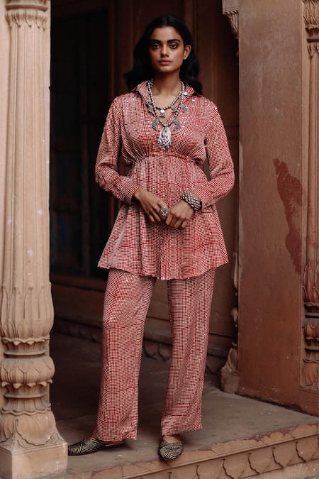 Buy_Avacara_Red Modal, Silk Sequins Shawl Neck Fit And Flare Shirt With Pant _Online_at_Aza_Fashions