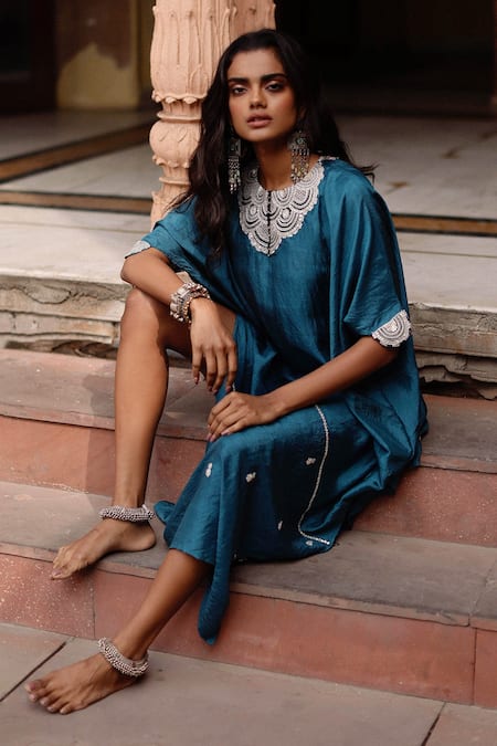 Buy Avacara Blue Kaftan Silk Embroidered Marodi Round Bodice Online at Aza Fashions Buy_Avacara_Blue Kaftan Silk Embroidered Marodi Round Bodice _Online_at_Aza_Fashions