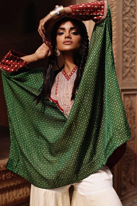 Avacara_Green Organza Embroidery Round Neck Patterned Flowy Kaftan With Contrast Sharara _at_Aza_Fashions