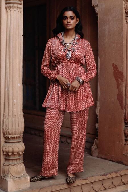 Avacara_Red Modal, Silk Sequins Shawl Neck Fit And Flare Shirt With Pant _at_Aza_Fashions