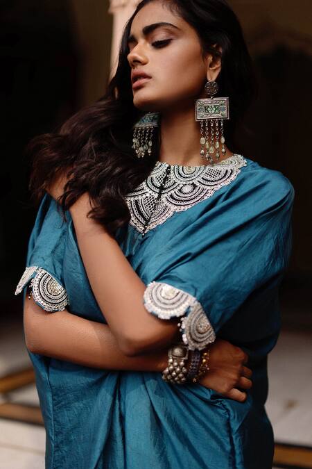 Avacara Blue Kaftan Silk Embroidered Marodi Round Bodice at Aza Fashions Avacara_Blue Kaftan Silk Embroidered Marodi Round Bodice _at_Aza_Fashions