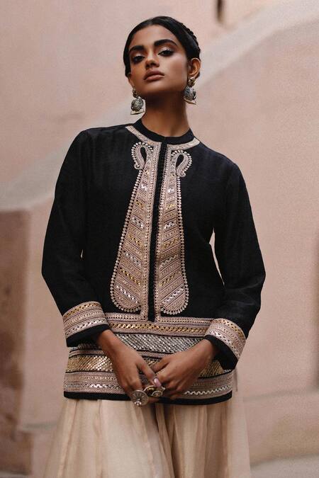 Shop Avacara Black Handloom Cotton Embroidery, Gota Raw Silk Embellished Jacket With Sharara Online at Aza Fashions Shop_Avacara_Black Handloom Cotton Embroidery, Gota Raw Silk Embellished Jacket With Sharara _Online_at_Aza_Fashions