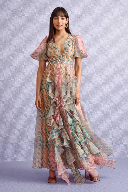 Pankaj & Nidhi_Multi Color Organza Geometric V Neck Karen Ruffle Gown_Online_at_Aza_Fashions
