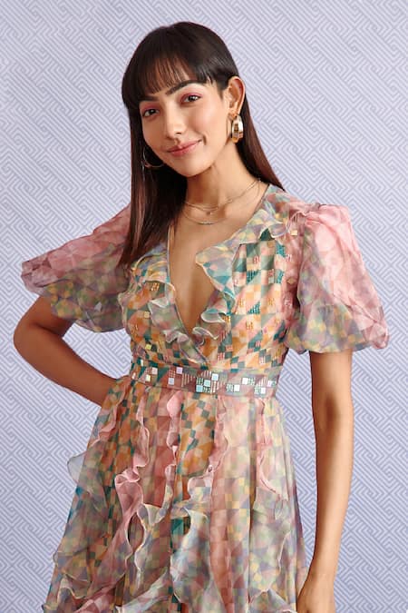 Shop_Pankaj & Nidhi_Multi Color Organza Geometric V Neck Karen Ruffle Gown_Online_at_Aza_Fashions