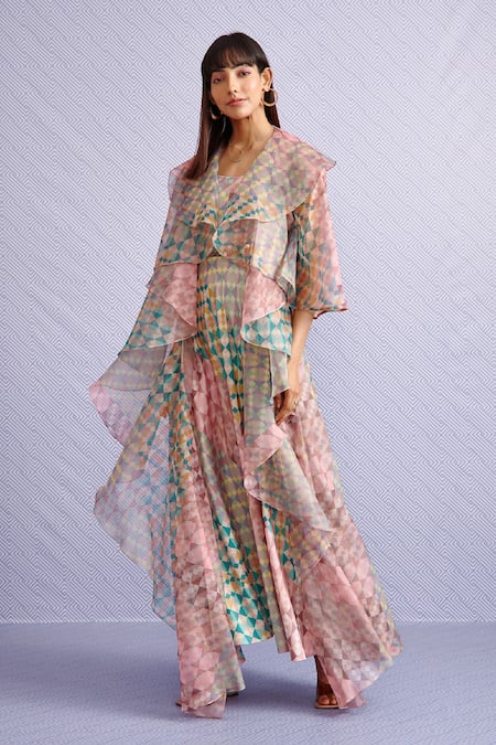 Pankaj & Nidhi_Multi Color Organza, Poly Geometric Open Karen Dress With Ruffle Cape_Online_at_Aza_Fashions