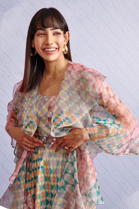 Buy_Pankaj & Nidhi_Multi Color Organza, Poly Geometric Open Karen Dress With Ruffle Cape_Online_at_Aza_Fashions
