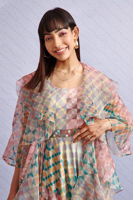 Shop_Pankaj & Nidhi_Multi Color Organza, Poly Geometric Open Karen Dress With Ruffle Cape_Online_at_Aza_Fashions