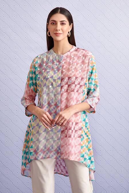 Pankaj & Nidhi_Multi Color Crepe Geometric Round Karen Hand Embellished Tunic _Online_at_Aza_Fashions