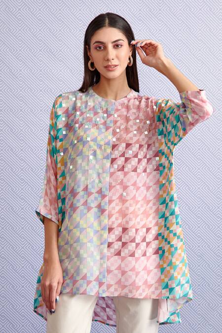 Buy_Pankaj & Nidhi_Multi Color Crepe Geometric Round Karen Hand Embellished Tunic _Online_at_Aza_Fashions