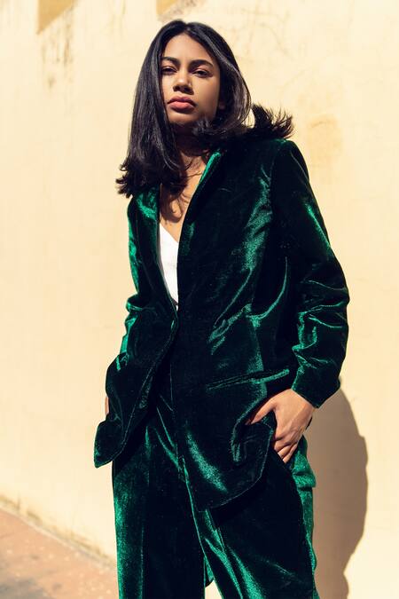Shop_Gulabo Jaipur_Green Velvet Notched Lapel Karla Solid Coat And Pant Set_Online_at_Aza_Fashions