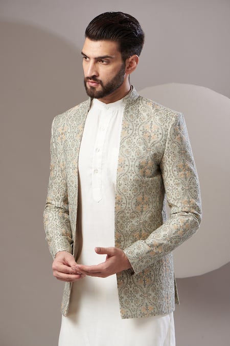 Kasbah_Green Chanderi Sequins, Embroidery Jacket_Online_at_Aza_Fashions