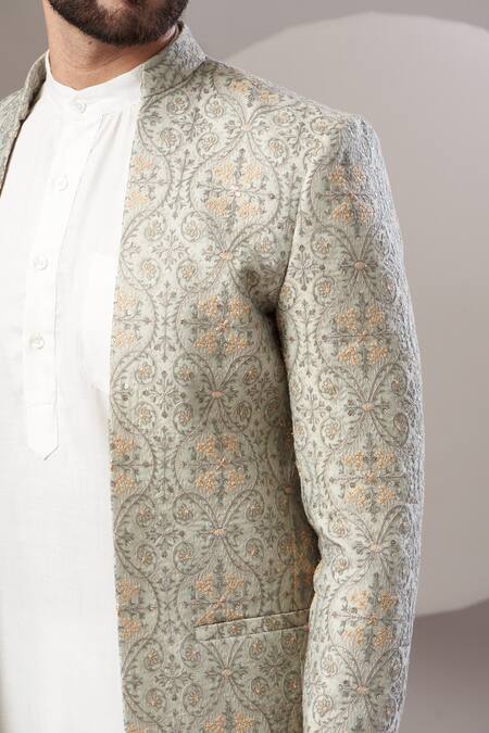 Buy_Kasbah_Green Chanderi Sequins, Embroidery Jacket_Online_at_Aza_Fashions