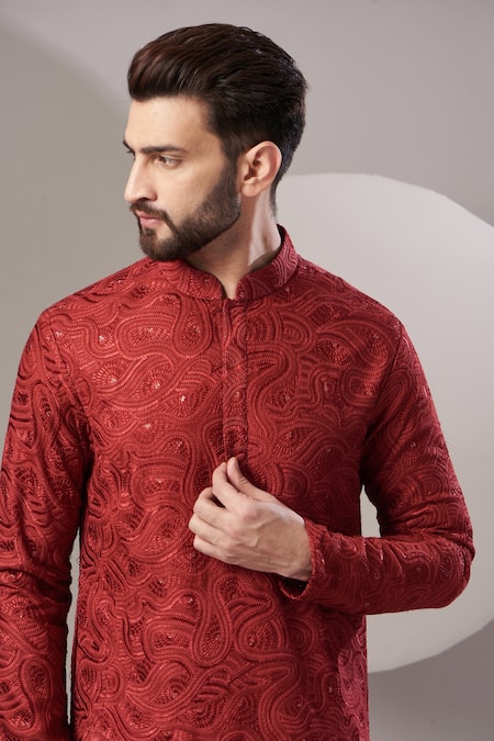 Kasbah Maroon Silk, Cotton Embroidery Paisley Kurta Set Online at Aza Fashions Kasbah_Maroon Silk, Cotton Embroidery Paisley Kurta Set _Online_at_Aza_Fashions