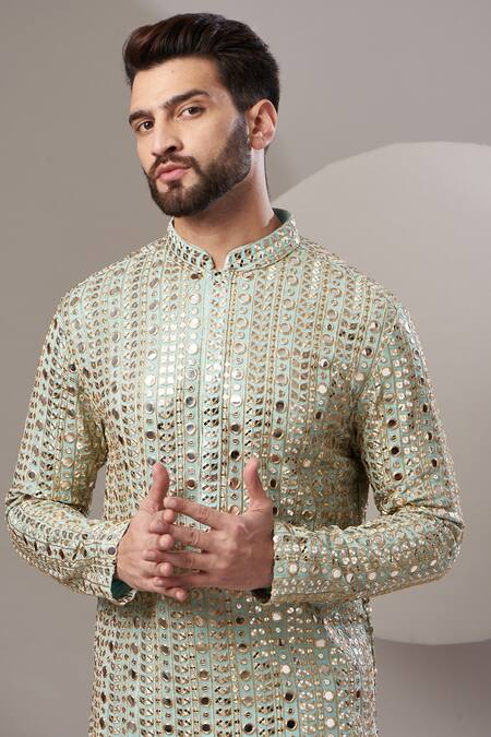 Kasbah_Blue Georgette, Cotton Zari, Foil Printing Geometric Embroidered Kurta Set _Online_at_Aza_Fashions