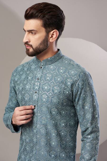 Kasbah_Blue Silk, Cotton Sequins, Embroidery Kurta Set _Online_at_Aza_Fashions
