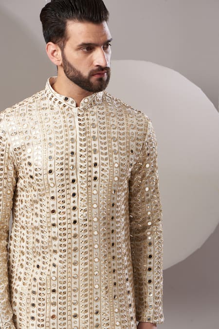 Kasbah_White Georgette, Cotton Foil Printing, Zari Geometric Work Kurta _Online_at_Aza_Fashions