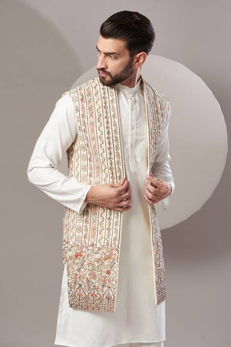 Kasbah_Beige Georgette Embroidery Geometric Nehru Jacket_Online_at_Aza_Fashions