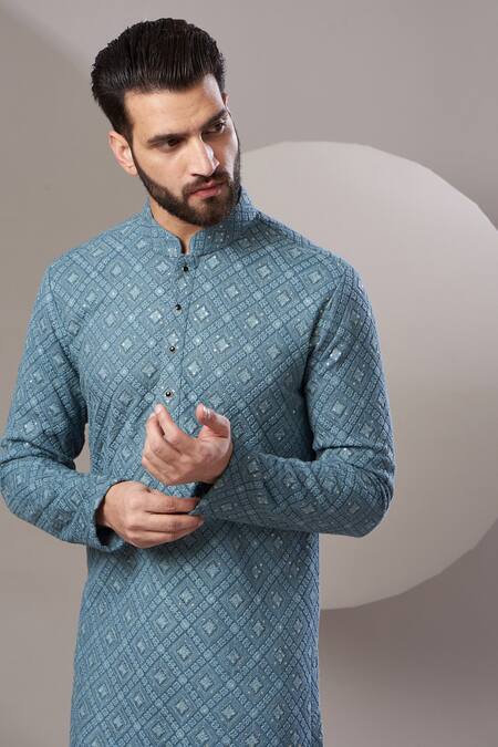 Kasbah_Blue Georgette, Cotton Sequins Chikankari Embroidered Kurta Set_Online_at_Aza_Fashions