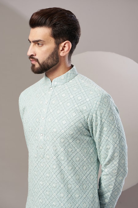 Kasbah_Blue Georgette, Cotton Sequins Chikankari Kurta _Online_at_Aza_Fashions