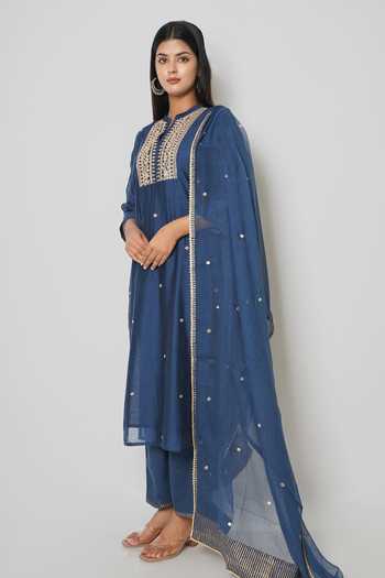Kameez_Blue Cotton, Chanderi Sequins Mandarin Collar Embroidered Kurta Set _Online_at_Aza_Fashions