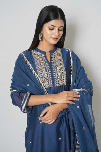 Buy_Kameez_Blue Cotton, Chanderi Sequins Mandarin Collar Embroidered Kurta Set _Online_at_Aza_Fashions