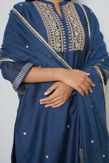 Shop_Kameez_Blue Cotton, Chanderi Sequins Mandarin Collar Embroidered Kurta Set _Online_at_Aza_Fashions