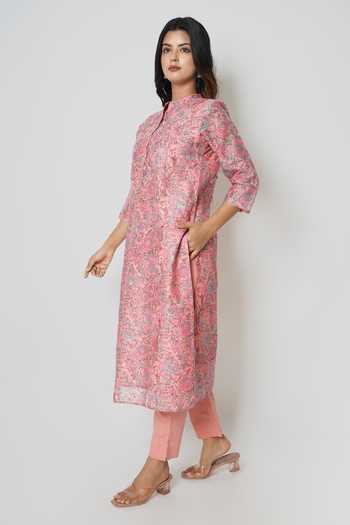 Kameez Pink Chander Printed Floral Mandarin Collar Kurta Online at Aza Fashions Kameez_Pink Chander Printed Floral Mandarin Collar Kurta_Online_at_Aza_Fashions