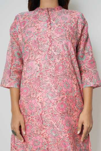 Shop Kameez Pink Chander Printed Floral Mandarin Collar Kurta Online at Aza Fashions Shop_Kameez_Pink Chander Printed Floral Mandarin Collar Kurta_Online_at_Aza_Fashions